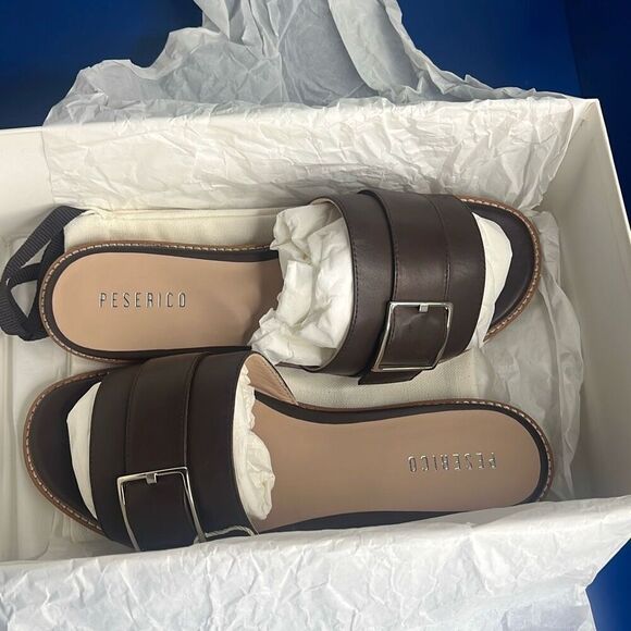 NIB Peserico Brown Slides Buckled Sandals - Picture 13 of 13